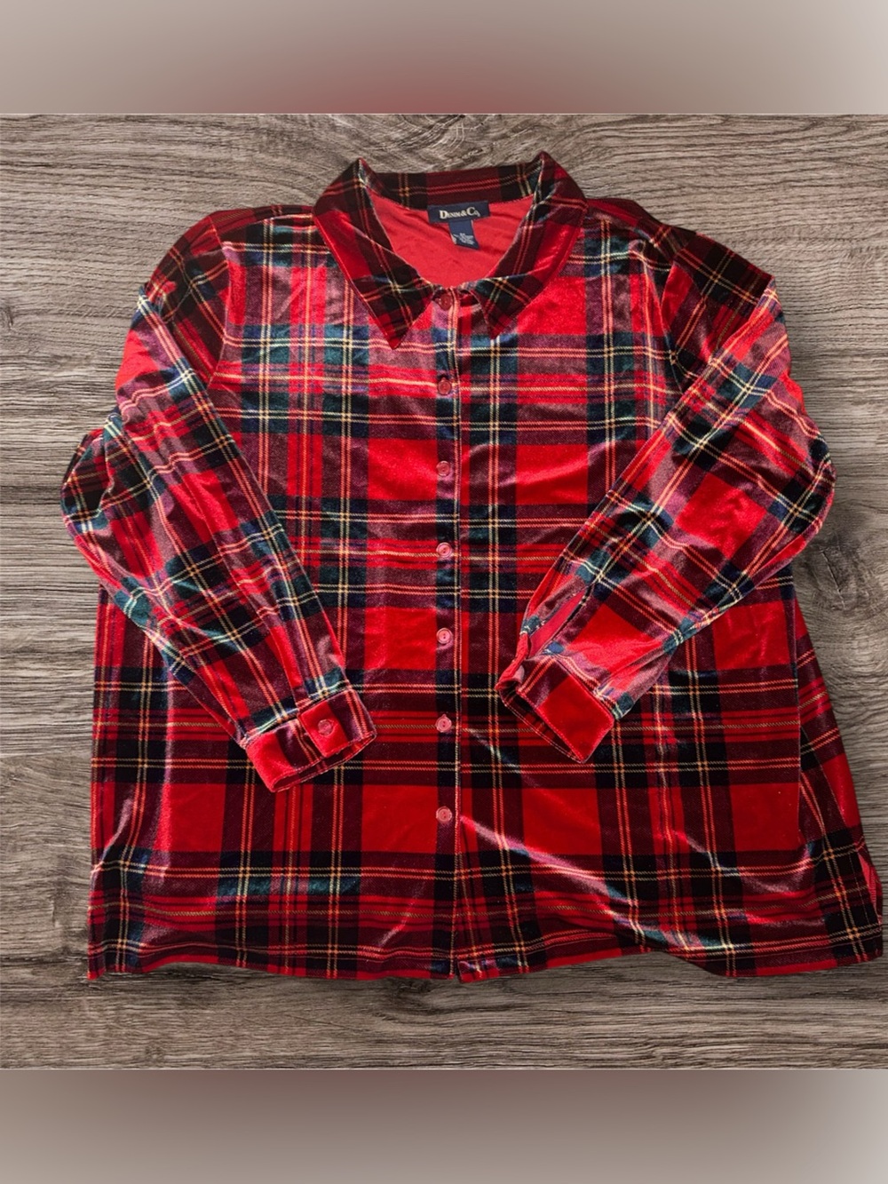 Denim & Co. red plaid button-down velvet top